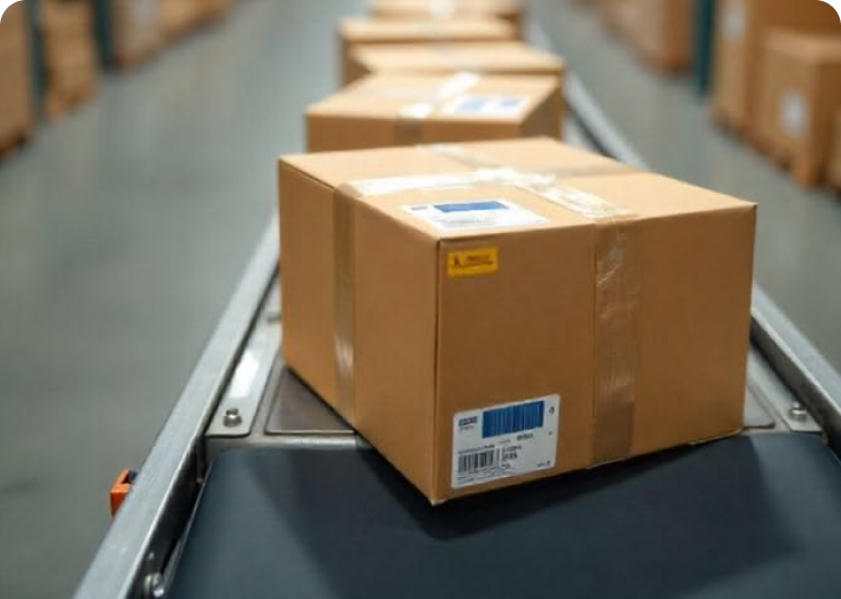 Packages on conveyor